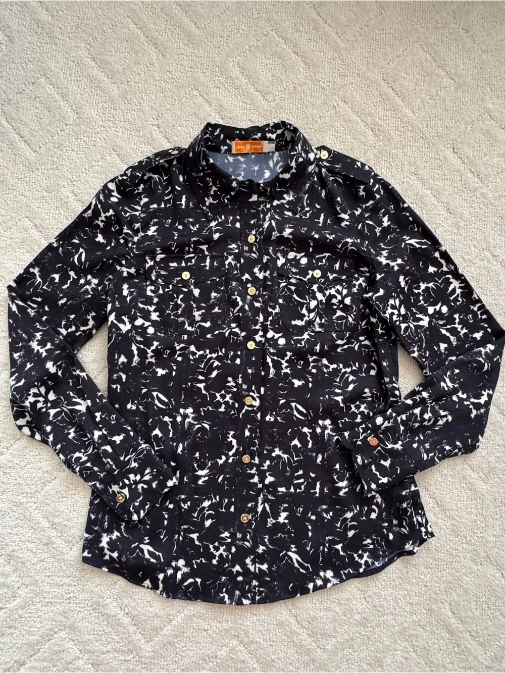 Tory Burch Black&White Printed Long Sleeve Button-Up Utility Shirt/ 4/ New